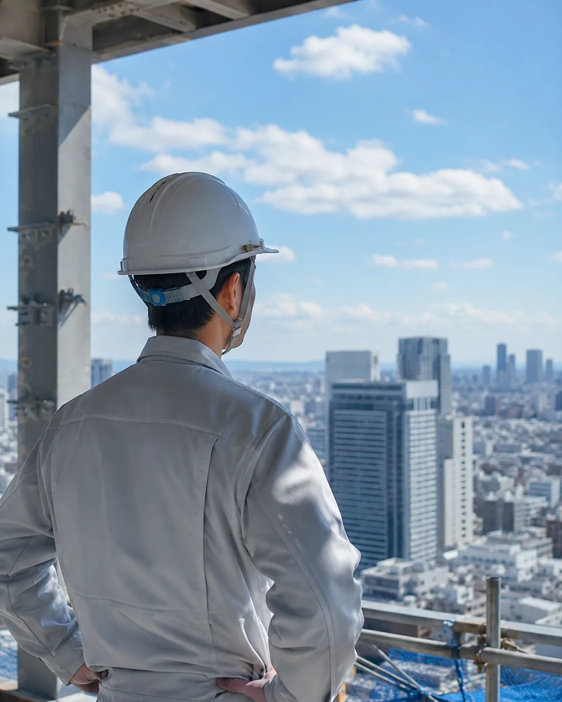 高層の建設現場から都市の街並みを望む志進興業のスタッフ