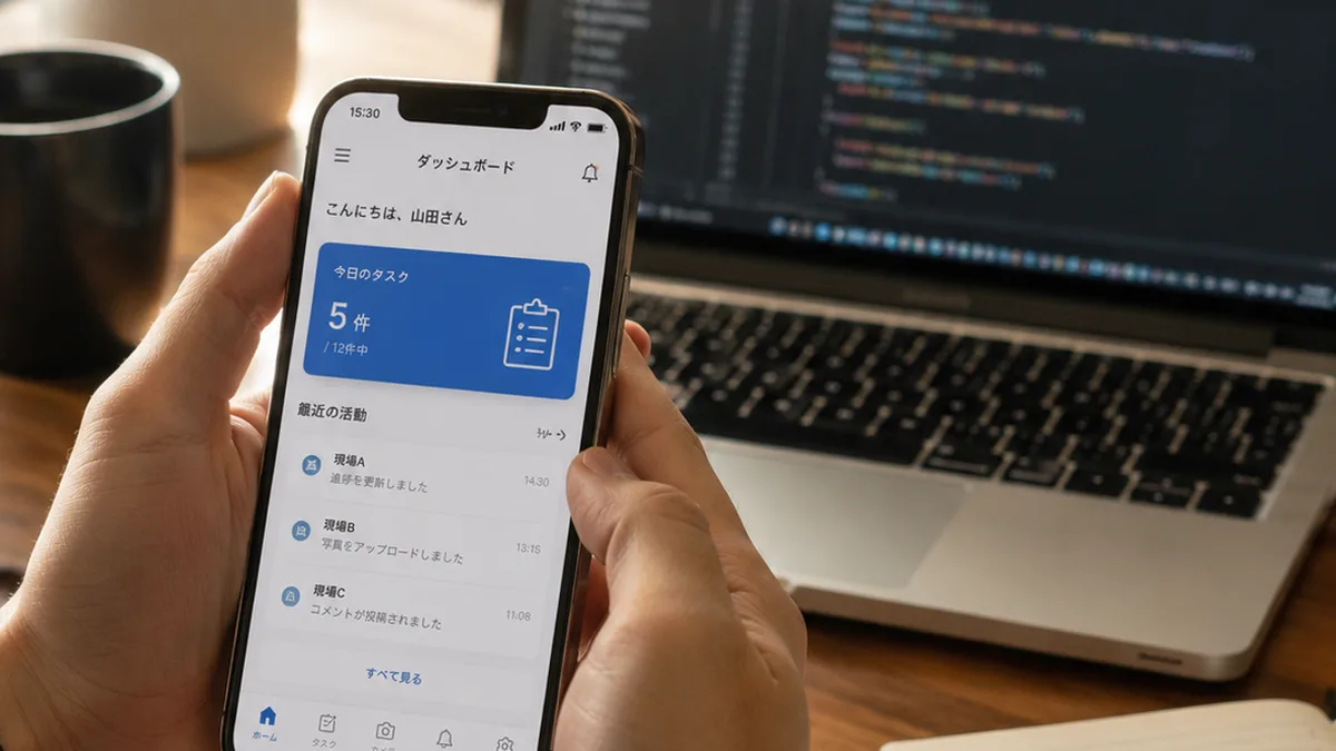開発中の業務アプリをスマートフォンで動作確認する様子