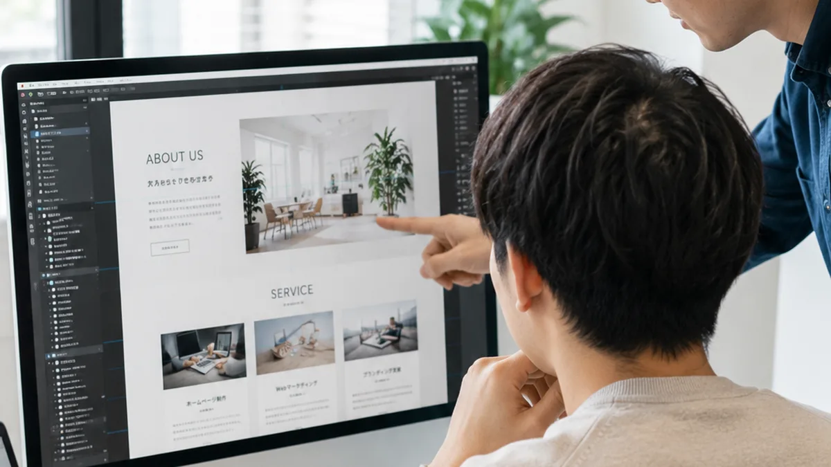 Webサイトのデザイン画面を確認しながら打ち合わせる制作スタッフ